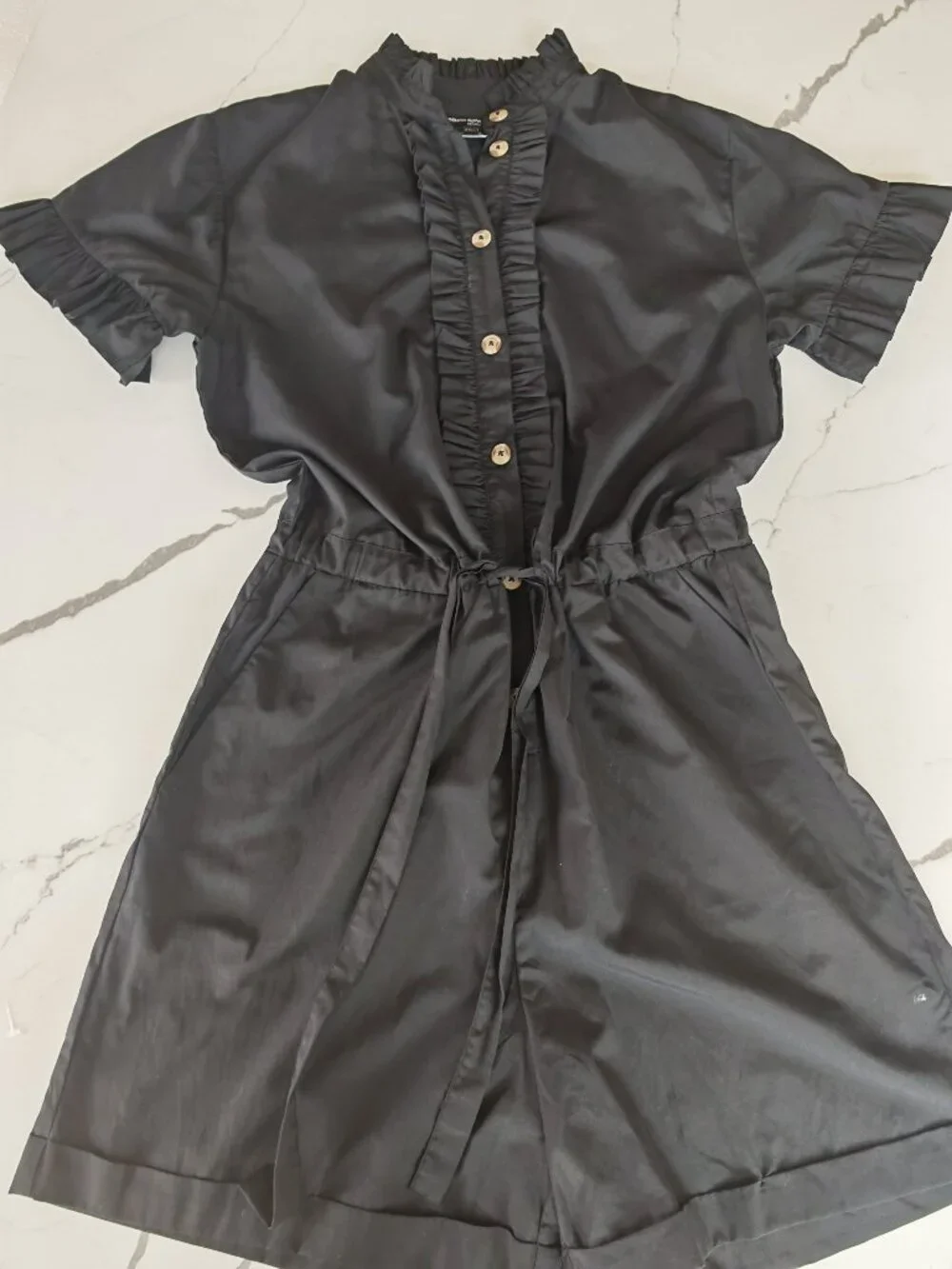 French Connection Black Ruffle Button Front Romper Dress Size 4 | Cinched Waist - Picture 2 of 11
